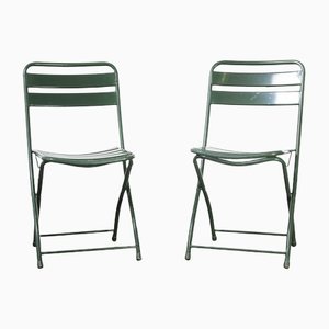 French Army Green Metal Folding Chairs, 1960s, Set of 2