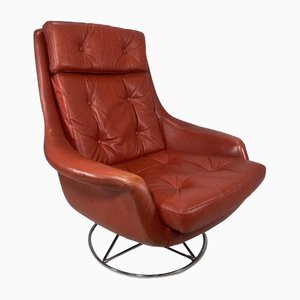 Danish Red Leather Swivel and Recline Lounge Chair