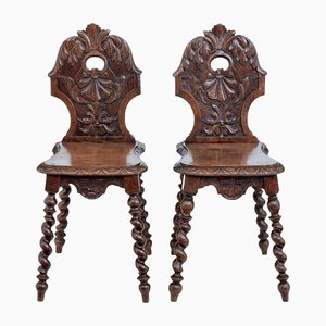 19th Century Carved Oak Hall Chairs, Set of 2