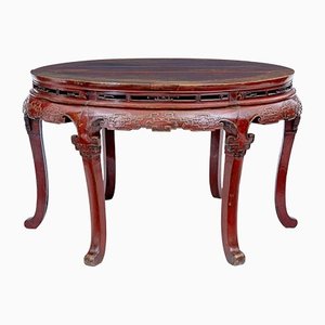 19th Century Chinese Red Lacquer Demi Lune Tables, Set of 2
