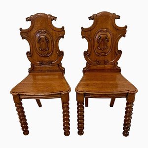 Antique Victorian Carved Oak Hall Chairs, Set of 2