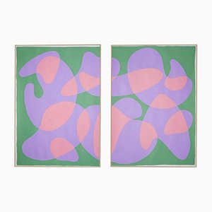 Ryan Rivadeneyra, Lila, Grün und Rosa Geometrisches Diptychon, 2021, Acrylmalerei