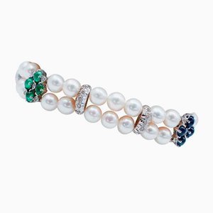 Bracelet en Or Blanc 14 Carats avec Saphirs, Émeraudes, Rubis, Diamants et Perles