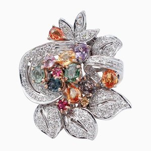 Retro 14 Karat Rose and White Gold Ring with Multicolor Sapphires and Diamonds
