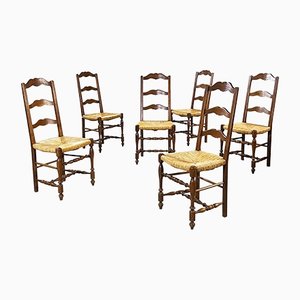 Italian Wooden and Straw Chairs, Late 1800s, Set of 6