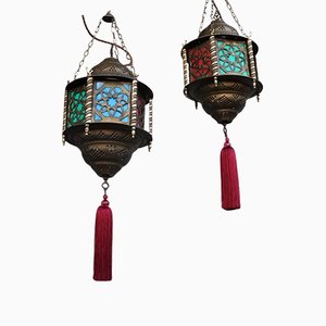 Oriental Brass Lanterns with Moroccan Lampshades & Red Tassels, Set of 2