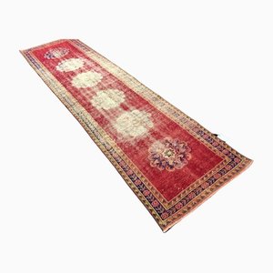 Turkish Faded Red Floral Oushak Runner Rug