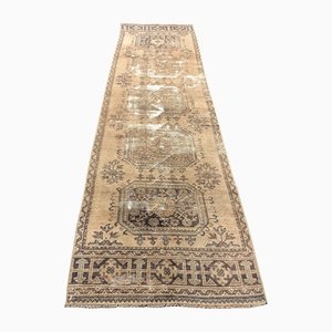 Large Turkish Distressed Brown Hand Knotted Runner Rug
