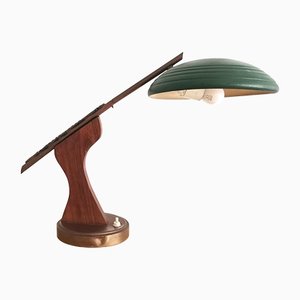 Lámpara de escritorio Mid-Century moderna de madera marrón y metal verde, años 50