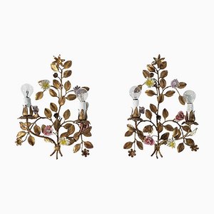 Italian Tole and Flower Wall Sconces, 1950s, Set of 2