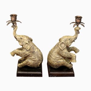 Portacandele a forma di elefante in bronzo dipinto, set di 2