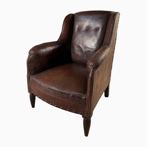 Antique French Leather Club Armchair, 1910