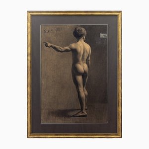 Danish School Artist, Portrait of a Standing Male Nude, 19th Century, Charcoal on Paper, Framed