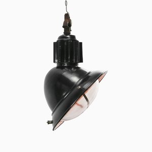 Vintage French Industrial Black Enamel & Clear Glass Pendant Lamp