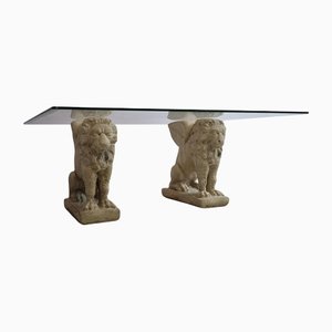 Cantera Stone Monumental Lion Pillar Coffee Table with Glass Top