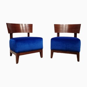 Velvet Blue Lounge Chairs in Solid Wood, Set of 2