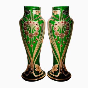 Vasi Art Nouveau in vetro soffiato e smaltati color oro di Legras & Cie, Francia, set di 2