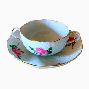 Porcelain Rose Broth Cups & Saucers with Embossed Decorations from Meissen, Set of 24