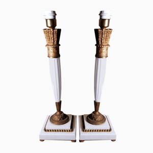 Empire Style Lamp Bases in White Carrara Marble and Gilded Bronze, Set of 2