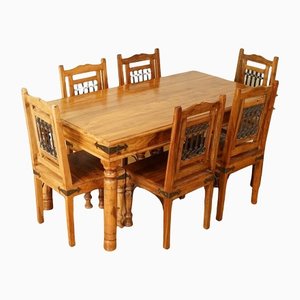 Light Brown Solid Hardwood Dining Table & Chairs, Set of 7