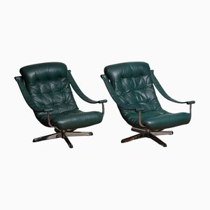 Modern Design Oxford Green Leather and Chrome Swivel Chairs from Göte Mobler, Set of 2