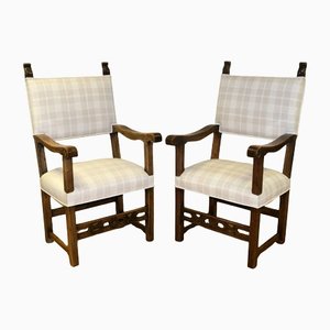 Mahogany Carver Throne Armchairs in Light Fabric, Set of 2