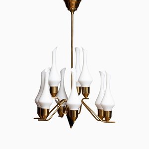 Swedish Brass Chandelier with White Frosted Organic Glass Vases from Asea, 1960s