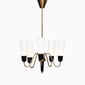 Italian Brass and Black Chandelier with Slim White Frosted Glass Vases, 1960s