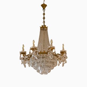Empire Style Chiseled Brass & Crystal Drops Chandelier with 12 Lights, 1940s
