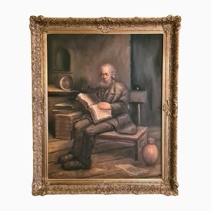 Stojan Vidinic, Old Man Reading a Book, Oil on Canvas, Framed