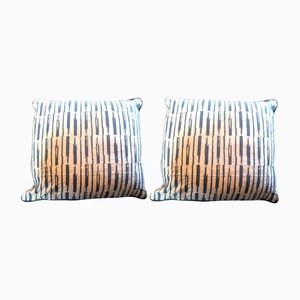 Blue Striped Handmade Wool Kilim Cushion Covers with Feathers, Set of 2