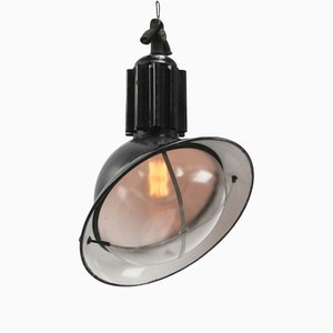 Lampe à Suspension Industrielle Vintage en Émail Noir et Verre Transparent, France