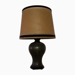 Table Lamp with Green Patinated Brass Base & Parchment Shade with Brown Border, 1930s