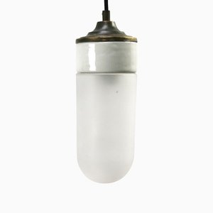 Lámpara colgante industrial vintage de porcelana blanca y vidrio esmerilado