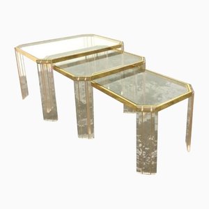 Tavolini a incastro Mid-Century in ottone, vetro e acrilico, set di 3