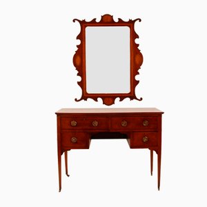 Regency Chippendale Mahogany Console Table & Marquetry Inlaid Mirror on Castors, Set of 2