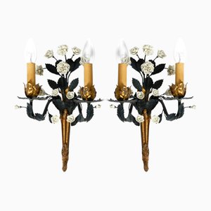 Große florale Mid-Century Messing & Metall Keramik Wandlampen, Italien, 2er Set
