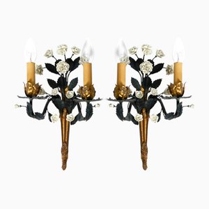 Large Floral Mid-Century Brass & Metal Ceramic Wall Lights, Italy, Set of 2