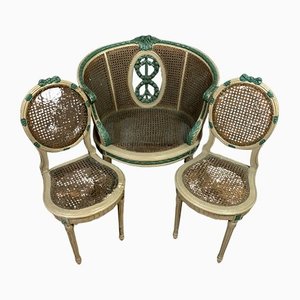 Louis XVI Basket Armchair in Lacquered Wood with 2 Chairs, 1850s, Set of 3
