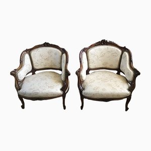 French Carved Walnut Armchairs, Set of 2