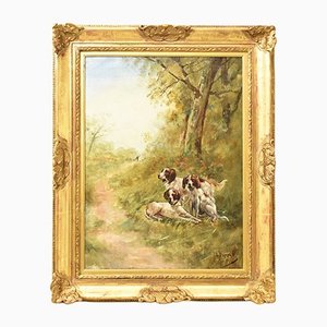 L. Dupont, Tre cani da caccia, fine XIX secolo, olio su tela, con cornice