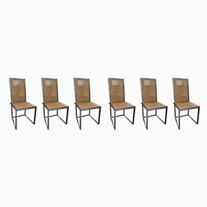 Mid-Century Brass and Straw Dining Chairs, Vienna, Set of 6