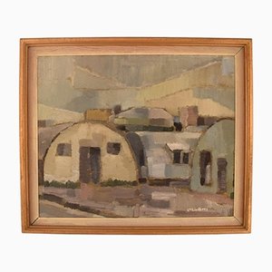 LH Lindberg, Paisaje modernista con casas, años 60 o 70, óleo sobre cartón, enmarcado
