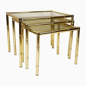 Brass Plated Bamboo & Smoked Glass Nesting Tables, 1970s, Set of 3