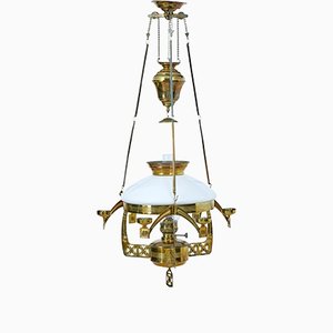 19th Century Arts & Crafts Brass Hanging Oil Chandelier