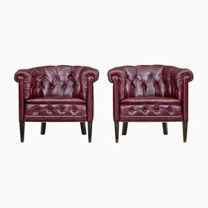 20th Century Red Leather Club Armchairs, Set of 2