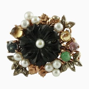 Onyx Diamonds Emeralds Sapphires Pearls 9 Karat Rose Gold and Silver Flower Ring