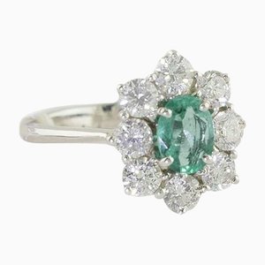 Diamonds Emerald White Gold Flower Cocktail Ring