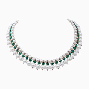 Collier Agate Verte, Diamants, Perles Blanches, Or Rose 9kt et Argent