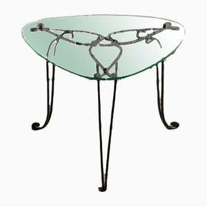 Mid-Century French Triangle Black Forged Glass Top Coffee Table